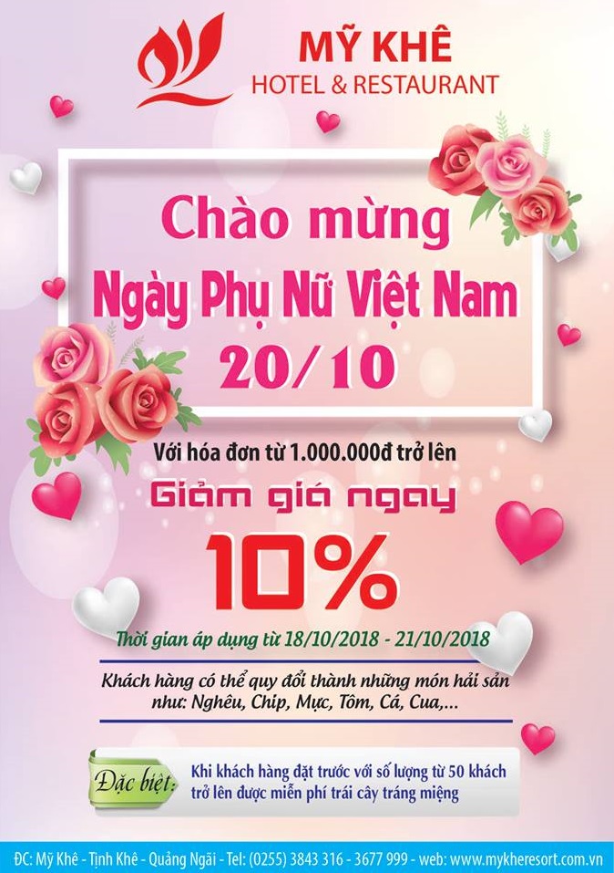 Ưu đãi giảm giá nhân ngày 20/10 tại Nhà hàng - Khách sạn Mỹ Khê